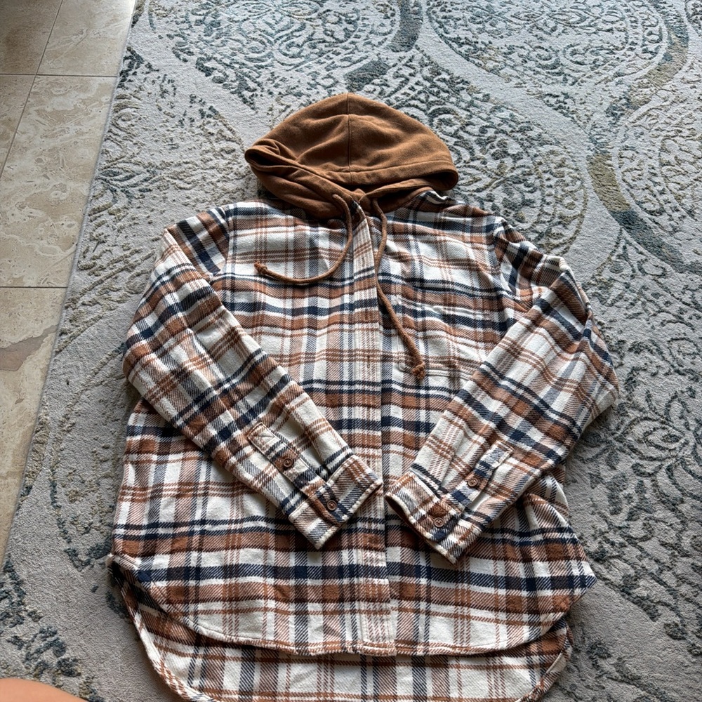 American Eagle Outfitters Plaid Button Down Shirt with Hood - Brown and Blue